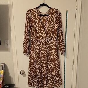 Brown and Cream Long Sleeve V-Neck Sundress